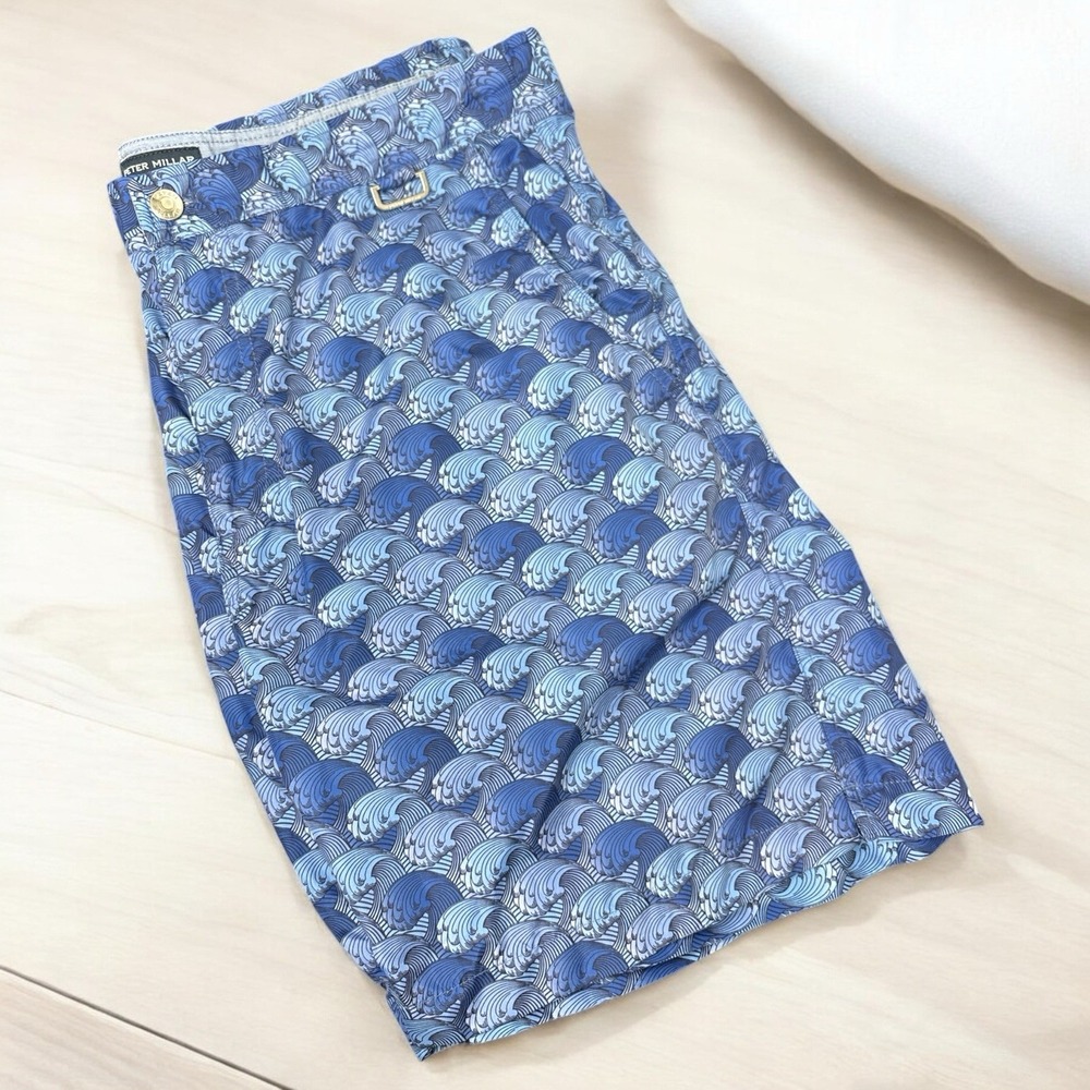 Peter Millar Men's Blue Swim Trunks All Over Wave Print Size Large